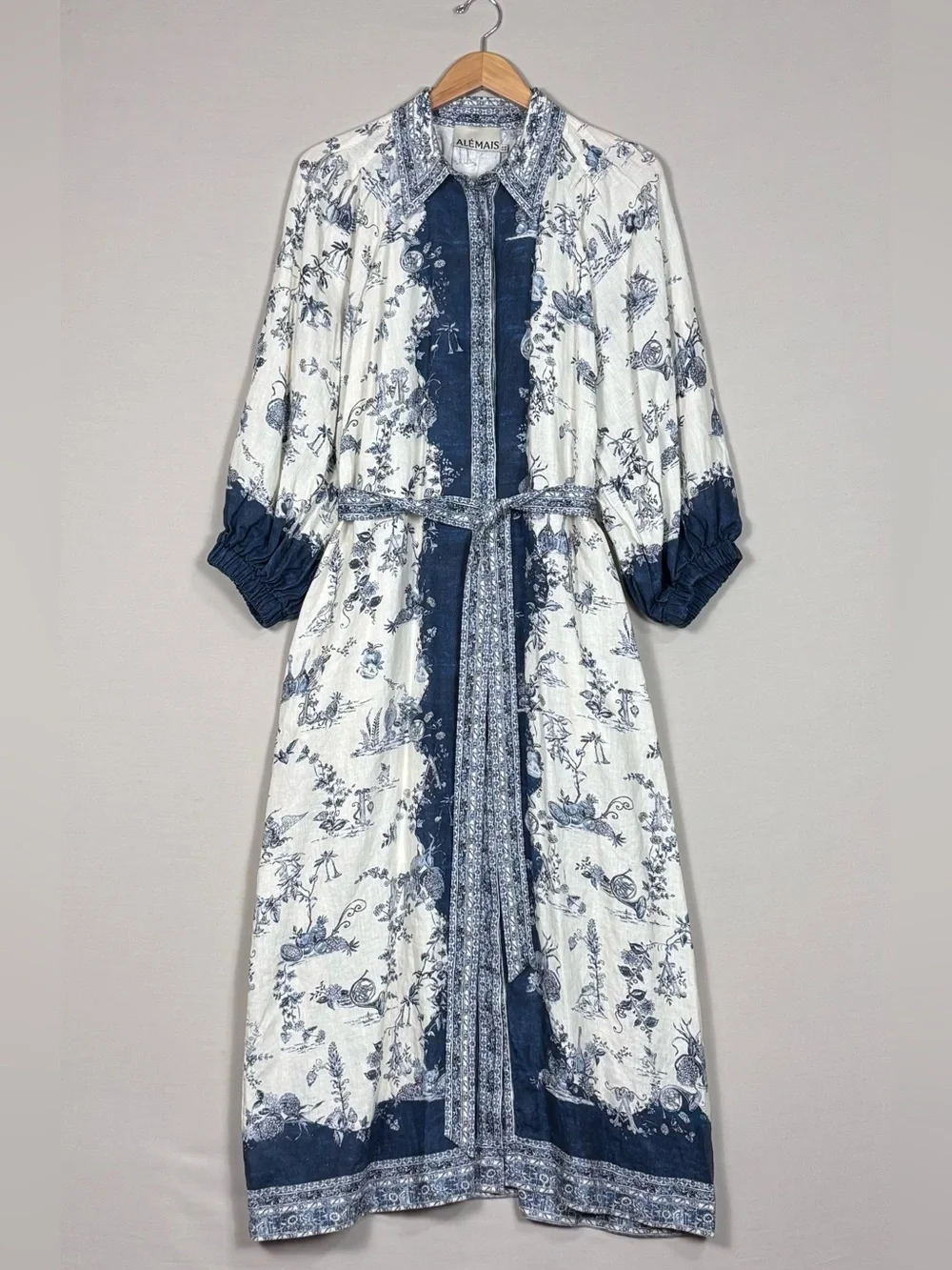 ALEMAIS Linen Toile Print Belted Maxi Dress Pockets Blue White US 12 - Picture 4 of 7